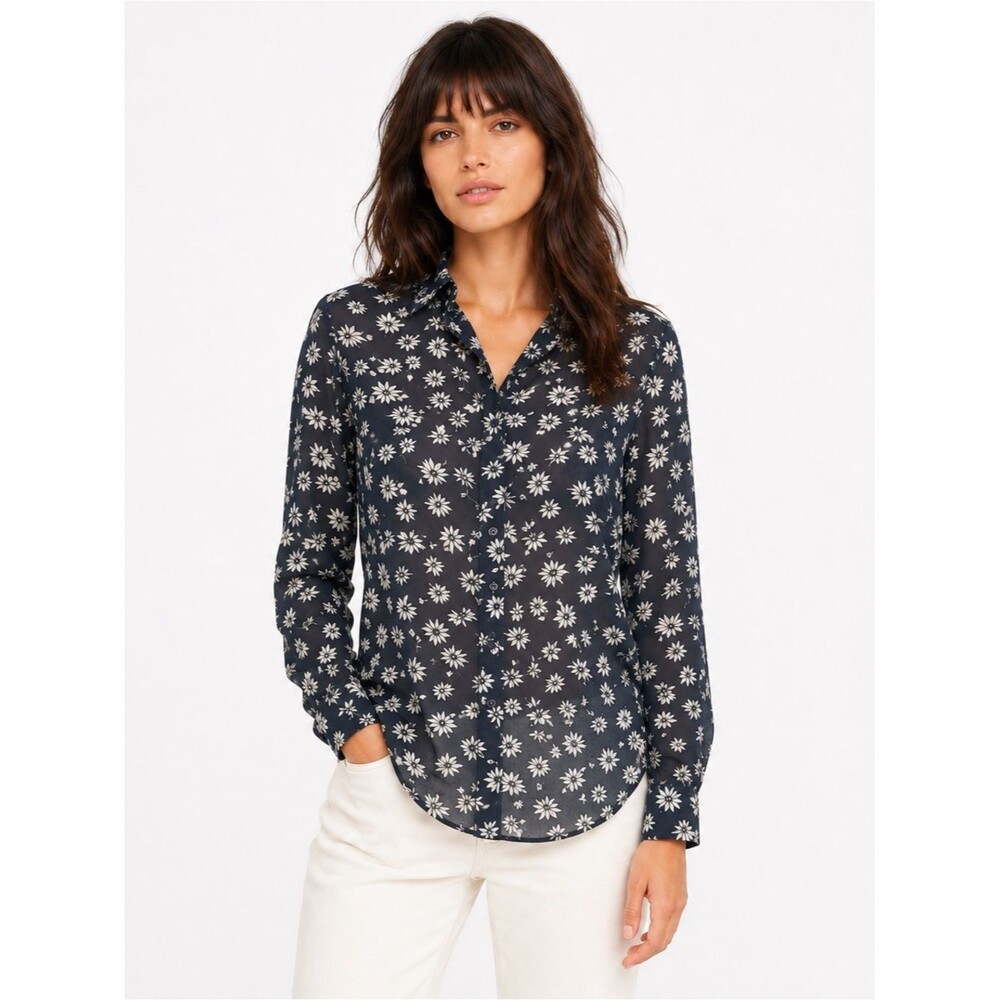 Madewell x Alexa Chung Silk Daisy Blouse Small Black Cream Floral Semi Sheer
